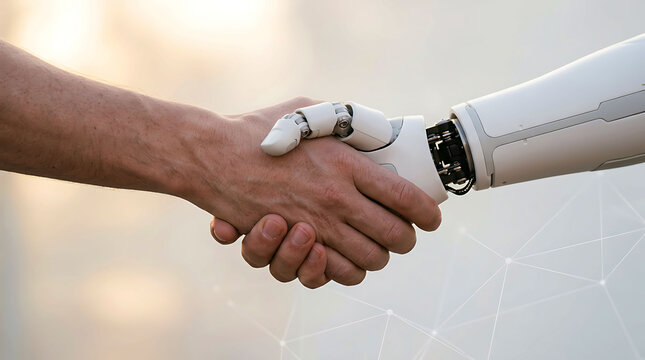 Human hand shaking a robotic arm handshake representing artificial intelligence