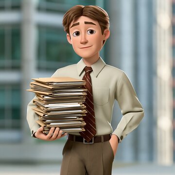 Businessman in a shirt and tie holds a large stack of paper folders while standing in front of an office building.