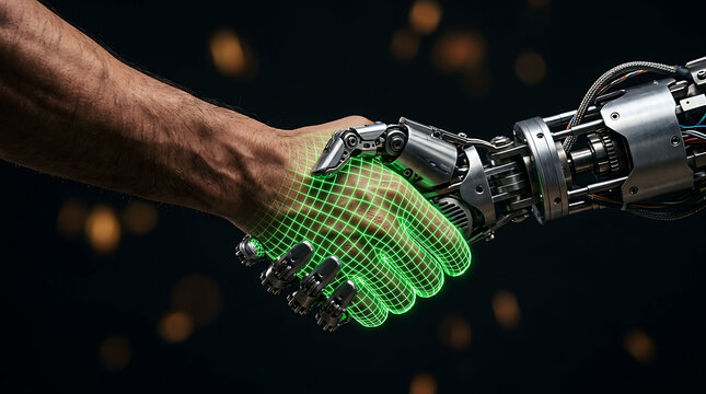 Human and robotic arm shaking hands with digital wireframe grid overlay