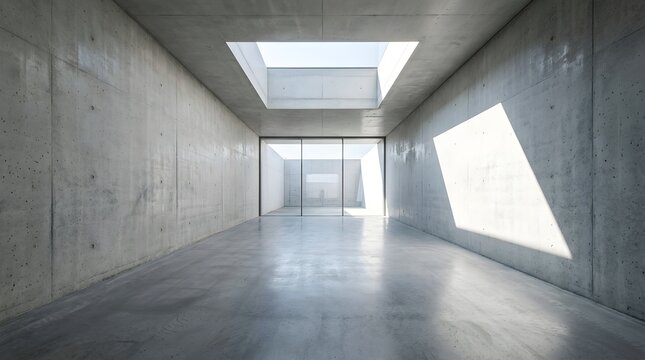 Minimalist modern interior with raw concrete walls, polished floor, and a large skylight casting geometric light patterns in a spacious room