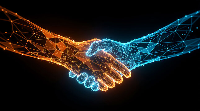 Digital handshake connecting glowing orange and blue wireframe hands in tech