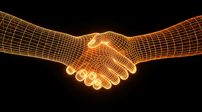 Digital handshake concept wireframe graphics representing cyber partnership agreement