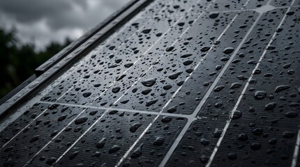 Obraz premium Raindrops on a solar panel surface during a cloudy day for energy concept