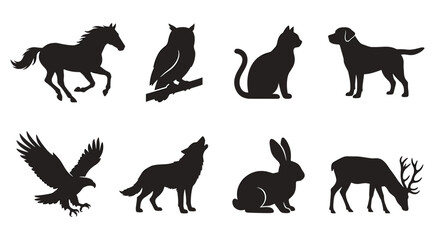 Obraz premium Animal Silhouette Set Horse Owl Cat Dog Eagle Wolf Rabbit Deer Vector Icons