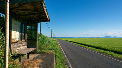 Fototapeta premium A Wide-Angle Commercial Stock Photograph Capturing an Open Countryside Road and a Weathered Rural Bus Stop Shelter Amidst Vast Green Fields Under a Clear Blue Sky