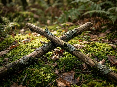 Two crossed branches resting on mossy forest floor.