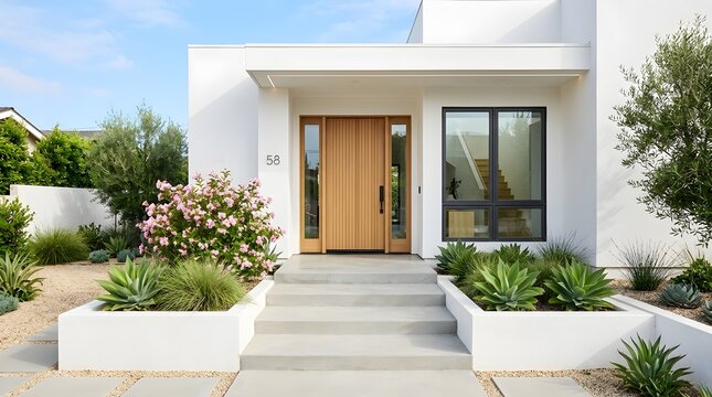 Modern minimalist house exterior with white walls, wooden front door, concrete steps, and landscaped garden with succulents and blooming pink flowers