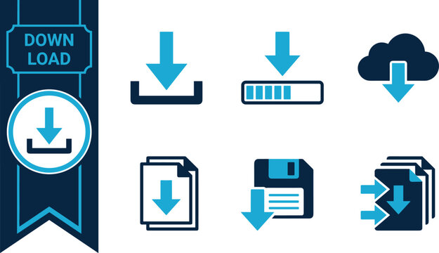 Download icon sheet featuring download arrows cloud download file transfer save button data storage and digital interface symbols for websites mobile apps ui kits infographics landing pages web