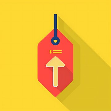 Red price tag with upward arrow on yellow background, representing price increase and financial growth.