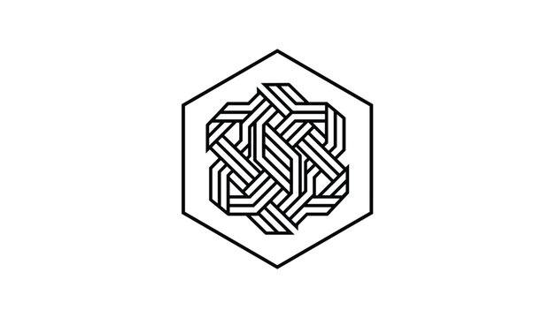 Geometric line art of an intricate woven pattern enclosed within a clean black hexagon on a white background.