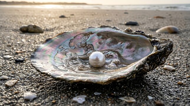 Shiny white pearl inside an open oyster shell on a sandy beach at sunset.