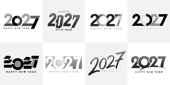 Big set of grey color Happy New Year 2027 numbers template design. Vector illustration with a creative digits for Christmas cards design