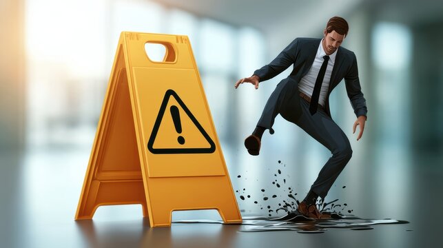 A businessman slips on a wet floor near a caution sign, highlighting workplace hazards and the importance of safety precautions.