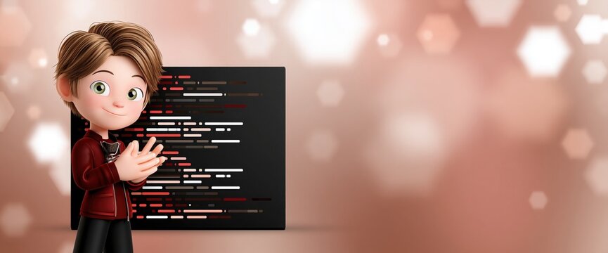 Cartoon boy programmer stands next to a computer screen showing lines of code against a warm bokeh background.
