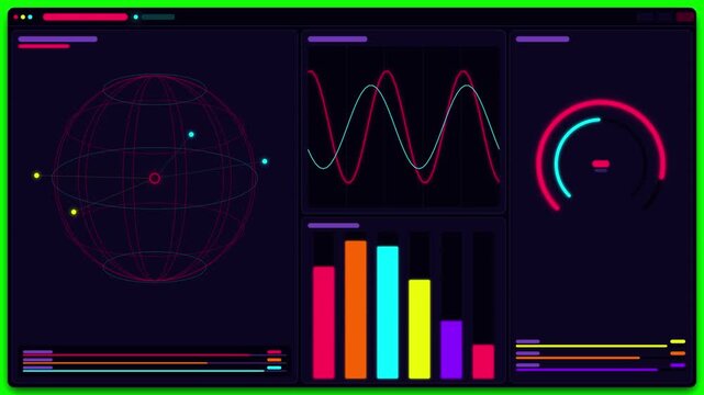Digital data visualization dashboard with neon charts and waves