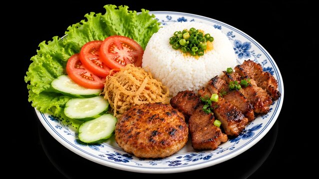 Cơm Tấm-a mound of steamed broken rice topped with scallion oil, grilled caramelized pork ribs, a grilled Vietnamese pork patty, crispy fried shredded pork skin, fresh lettuce