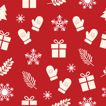 Christmas seamless pattern with white gift boxes, snowflakes, mittens, and pine branches on red background. Minimalist winter holiday flat illustration.
