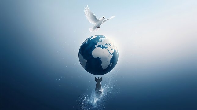 A white dove flying above the planet Earth with a missile pointing upwards.