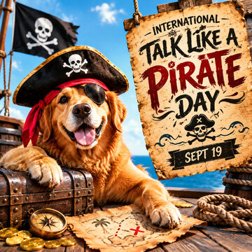 Golden retriever dog wearing black pirate hat and eye patch sitting on wooden treasure chest celebrating international talk like pirate day