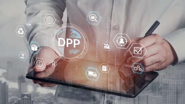 Business professional using digital tablet for data analysis with global connectivity and digital icons representing technology and innovation. Entropy.