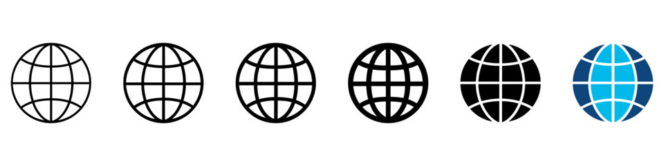 Fototapeta premium Globe icon set with grid lines, linear, bold, filled and blue variations representing internet and global connectivity. World symbol for web and network access. Ideal for digital and online concepts.