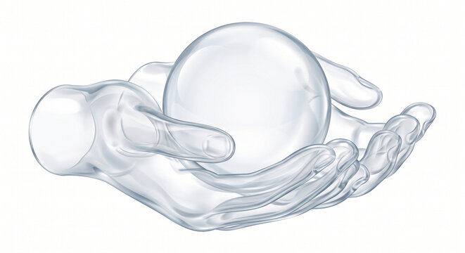Transparent hands cradling a clear crystal ball, symbolizing clarity and future vision