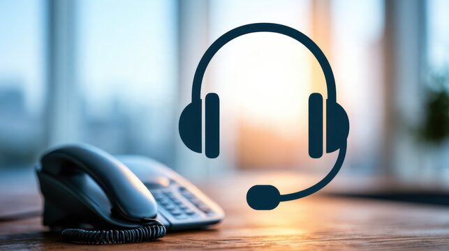 A black office telephone and a headset icon are shown on a wooden surface with a blurred window background during sunset.