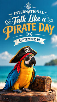 Vibrant macaw parrot wearing a pirate hat and eye patch sitting on a wooden barrel celebrating international talk like day