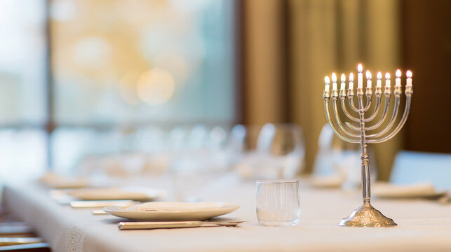 menorah. Warm-lit menorah on a white linen tablecloth in a softly focused room. event programs, museum guides, designed for cultural heritage projects and event programs, preserves heritage.