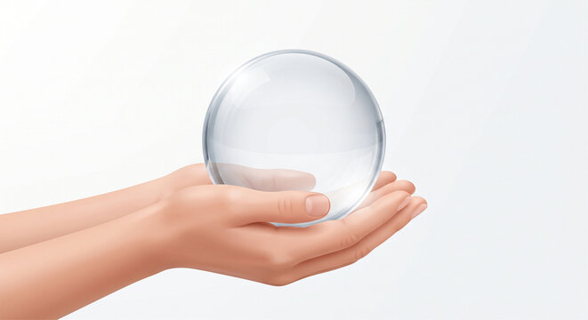 Hands holding a clear glass sphere with a white background, symbolizing crystal ball or magic orb