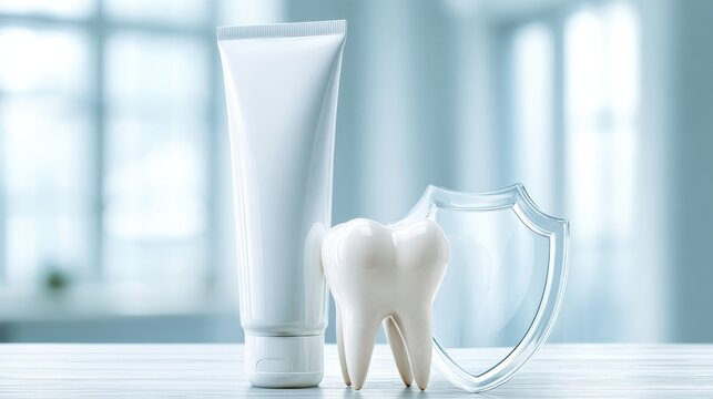 A tube of toothpaste, a model tooth, and a transparent shield symbolize dental care and oral health protection on a light blue background.