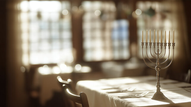 menorah. Warm-lit menorah on a white linen tablecloth in a softly focused room. event programs, museum guides, designed for cultural heritage projects and event programs, preserves heritage.