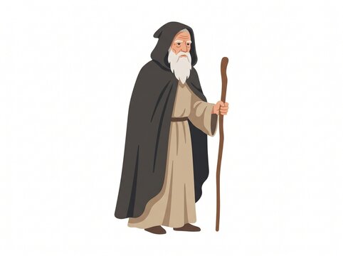 Elderly Monk in Dark Hooded Cloak and Beige Robe Character Vector Illustration , vector isolated on white