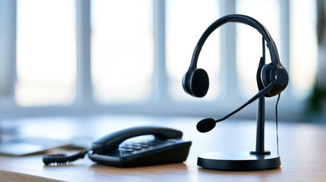 A black office headset with microphone on a stand next to a corded telephone on a wooden desk near a window.
