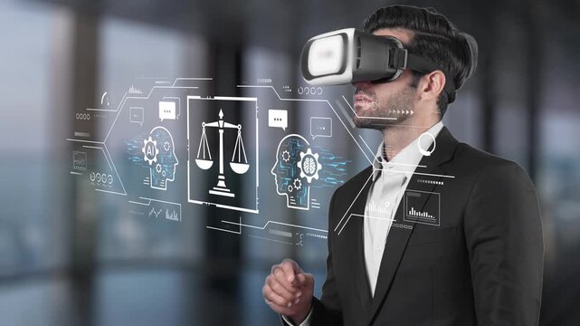 Businessman Using Virtual Reality Glasses with Legal Symbols in Modern Office Setting, Focused on Technology and Innovation in Law Industry. Entropy.