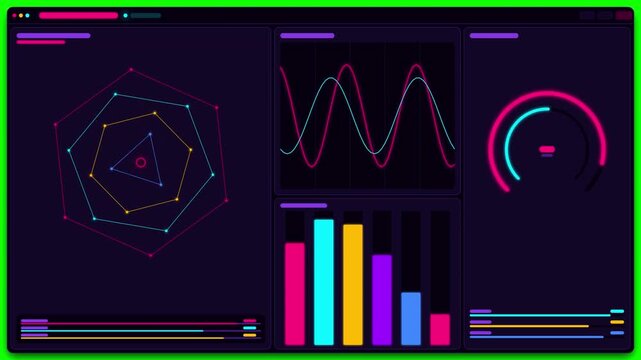 Futuristic digital data dashboard with neon charts and analytics