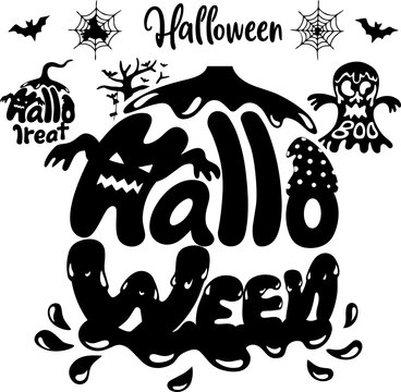 Halloween word art with dripping slime text spider webs and ghosts