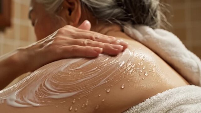 Spa therapist rubs lotion across older woman back, creating soothing massage strokes and glistening skin. Older woman stays relaxed in quiet spa setting while cream is spread over shoulders and spine.