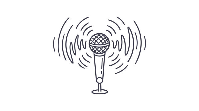 Hand drawn microphone with sound waves and audio frequency line art vector icon