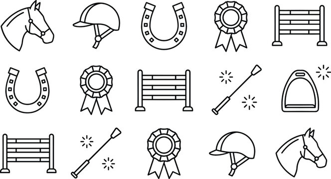 Equestrian sport horse riding line art vector icons bundle featuring horseshoe helmet ribbon award hurdle and stirrup elements