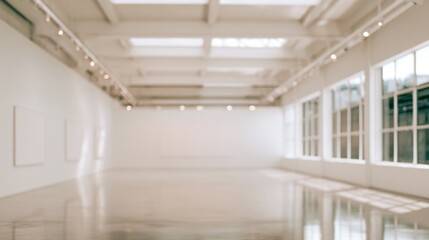 Obraz premium A spacious, bright modern gallery with white walls, large windows, and polished floors, ideal for showcasing artwork.