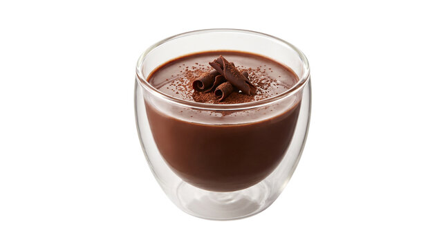 Rich chocolate mousse in double-walled glass, creamy dark cocoa pudding with chocolate shavings, elegant gourmet dessert on white background