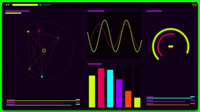 Futuristic digital data dashboard with glowing neon charts