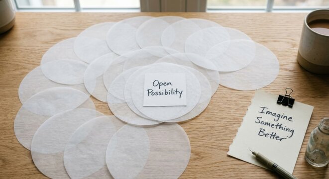 White Tracing Paper Circles with 'Open Possibility' Note on Wooden Table