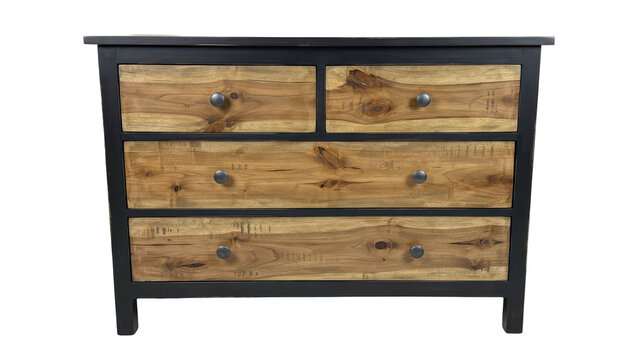 Wooden chest of drawers with four drawers and a black painted frame isolated on a transparent background