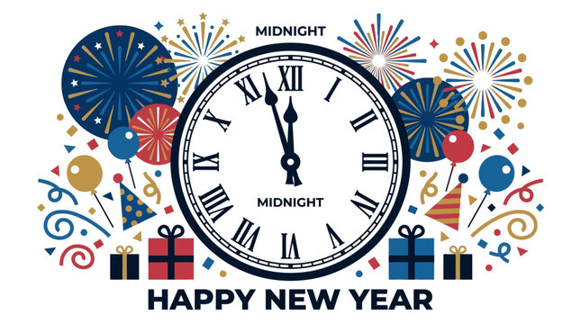 Midnight clock with colorful fireworks and gift boxes celebrating new year.
