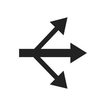 Black triple branching arrow icon on white background with three different directions, points three, navigation