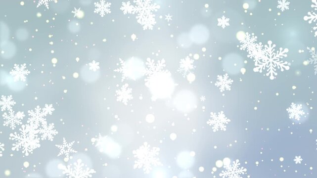 アイスブルー背景に舞い散る雪の結晶と光のボケのシームレスループ動画素材 / Snowflake and glowing bokeh loop on ice blue gradient background
