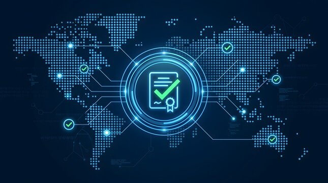 Digital certification icon over world map showing global network