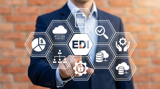 Businessman using EDI electronic data interchange system on virtual interface